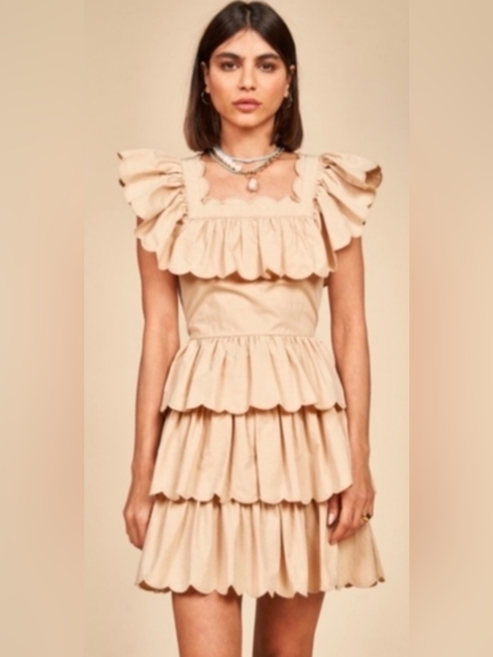 Hunter Bell Ramsey Mini ruffle Dress in the khaki/tan size 2